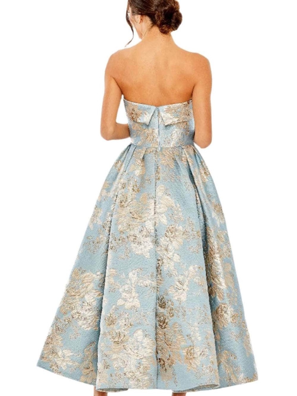 Mac Duggal Strapless Brocade Midi Dress in Light Blue and Gold - Picture 2 of 3